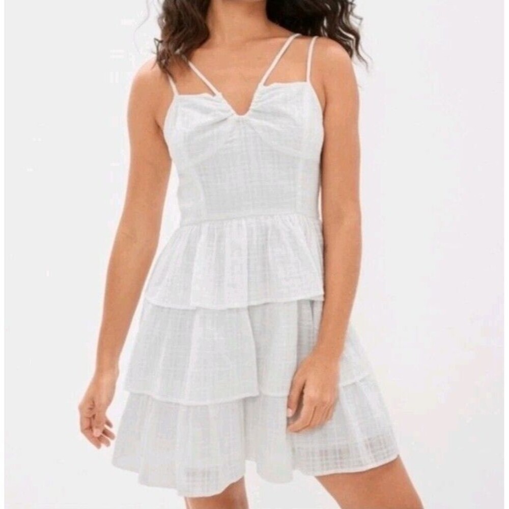 American Eagle Tiered Ruffle Shirred Mini Dress White Women's Large Cottagecore